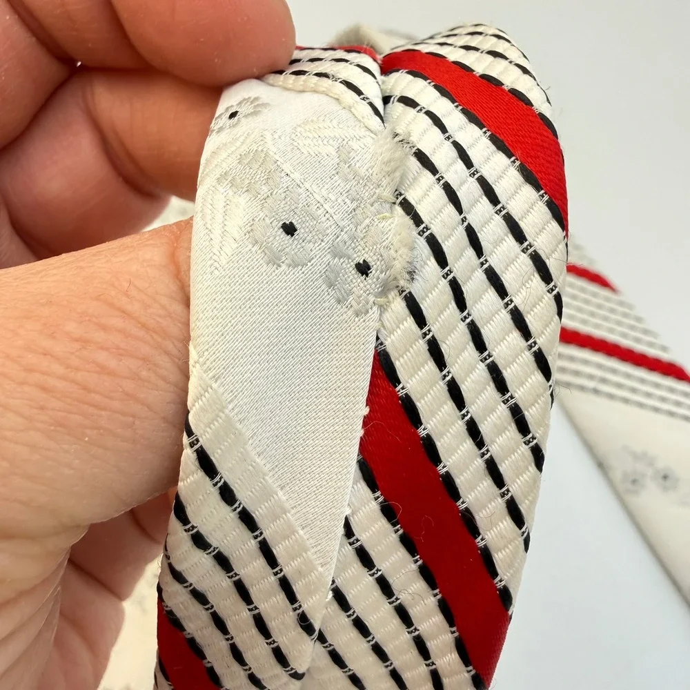 Vintage White Red Black Striped Floral Embroidered‎ Wide Men's Necktie Retro MCM